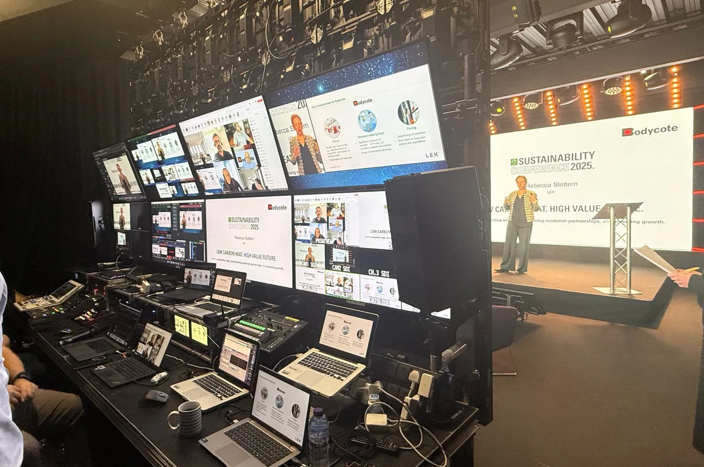 Control gallery at IGNITE Studios during a live conference, with the stage beyond